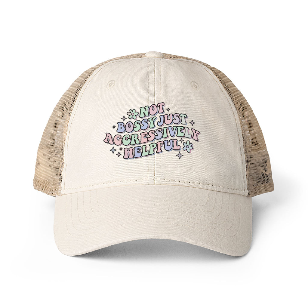 'not bossy just aggressively helpful' Women's Washed Mesh-Back Cap