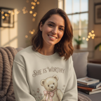 She Is Worthy Sweatshirt — Comforting Floral Crewneck for Women