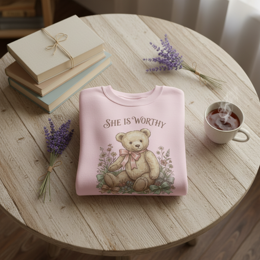 She Is Worthy Sweatshirt — Comforting Floral Crewneck for Women