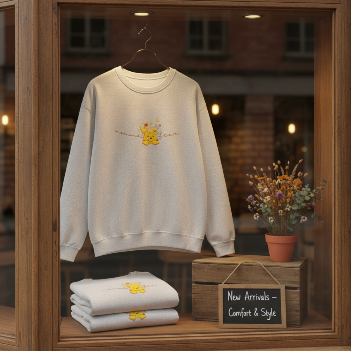 winnie bear embroidered  Floral Crewneck Sweatshirt