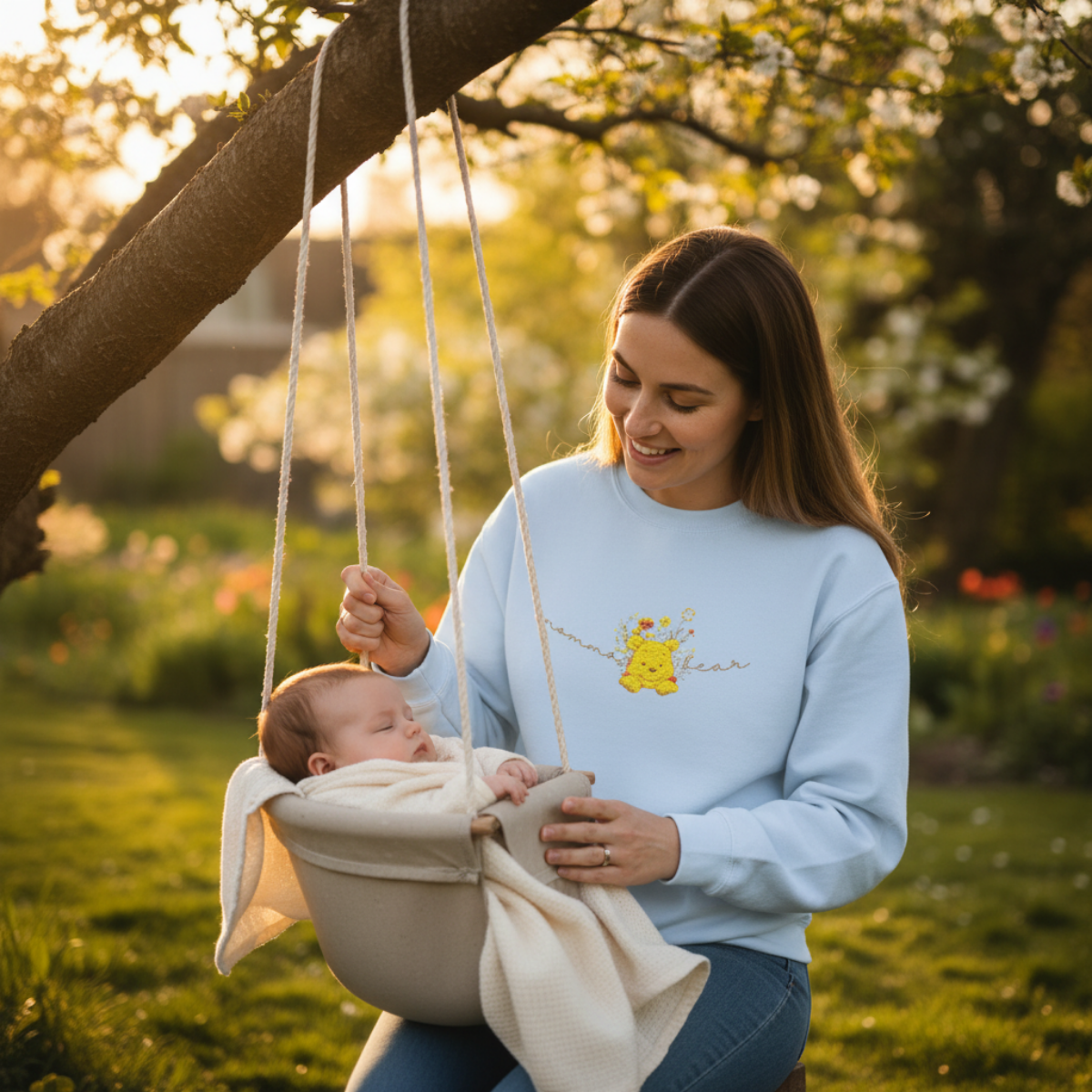 winnie bear embroidered  Floral Crewneck Sweatshirt