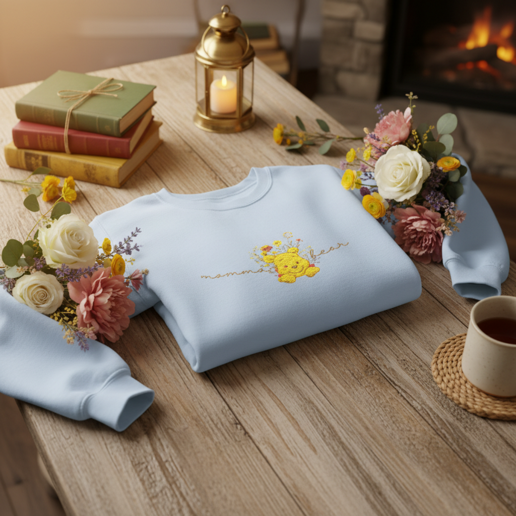 winnie bear embroidered  Floral Crewneck Sweatshirt
