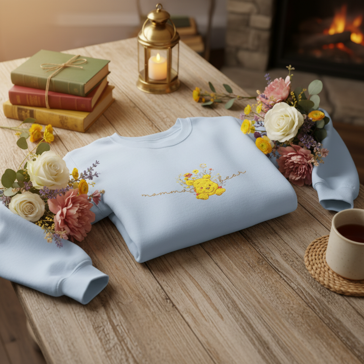 winnie bear embroidered  Floral Crewneck Sweatshirt
