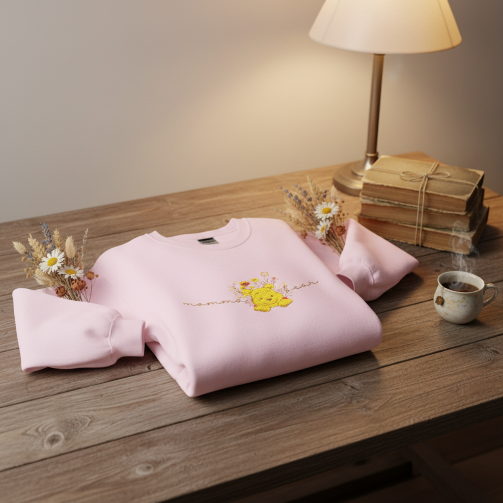 winnie bear embroidered  Floral Crewneck Sweatshirt